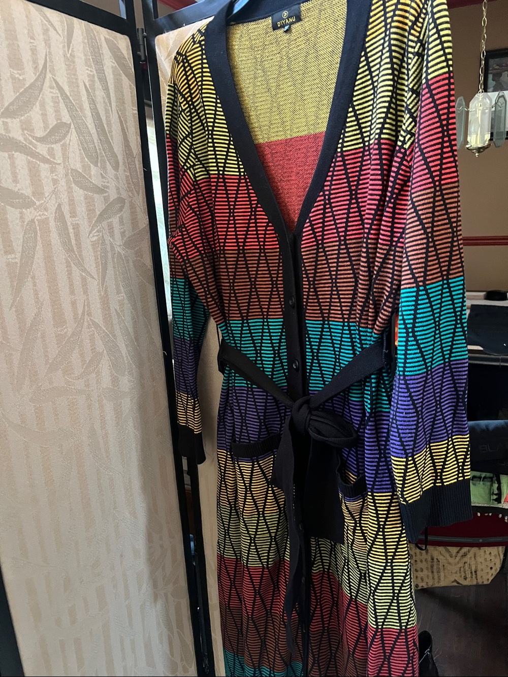 DYRANA Rainbow Striped Long Cardigan with Belt - Multicolor